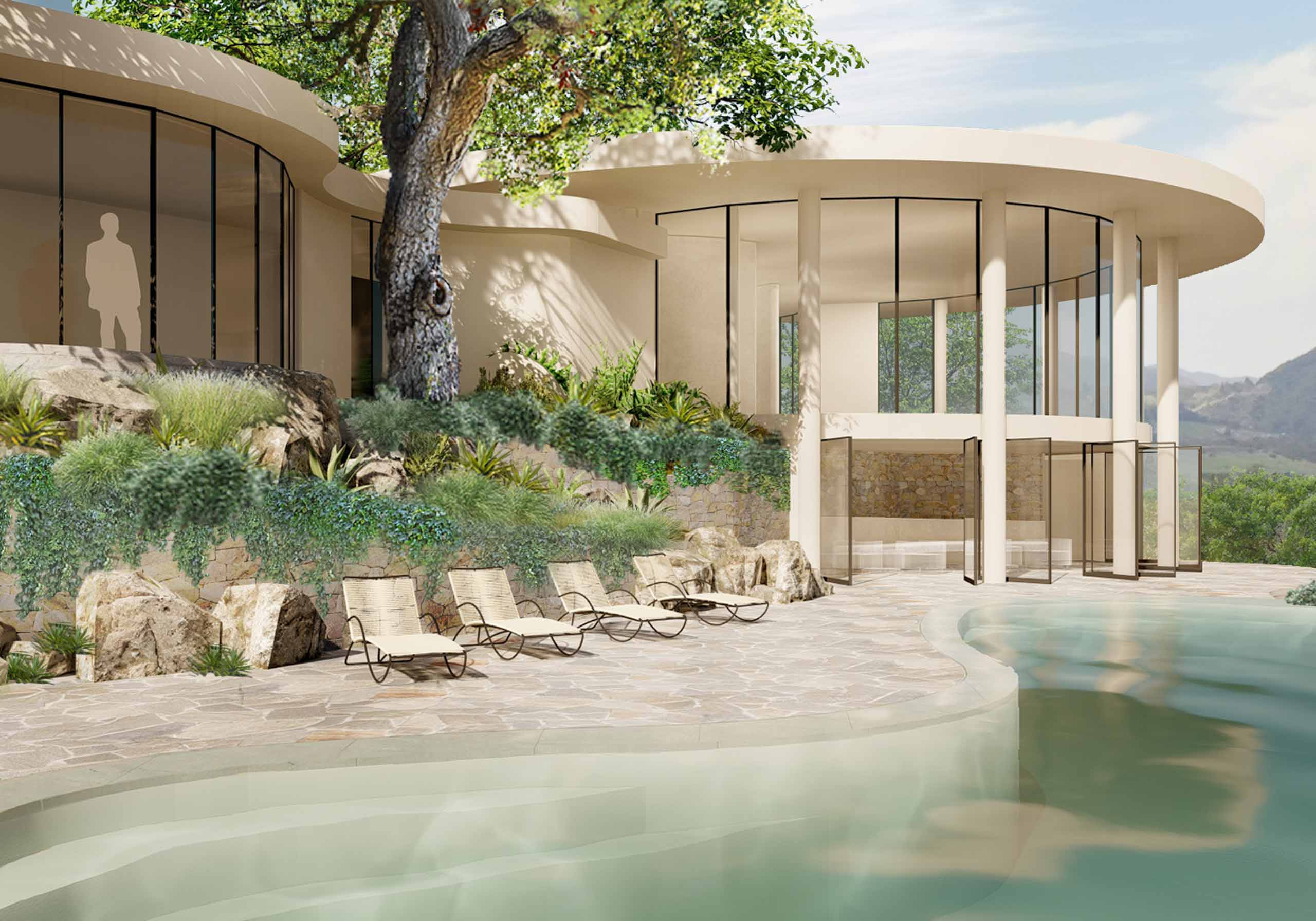 Luxurious curved pool deck with lounge chairs