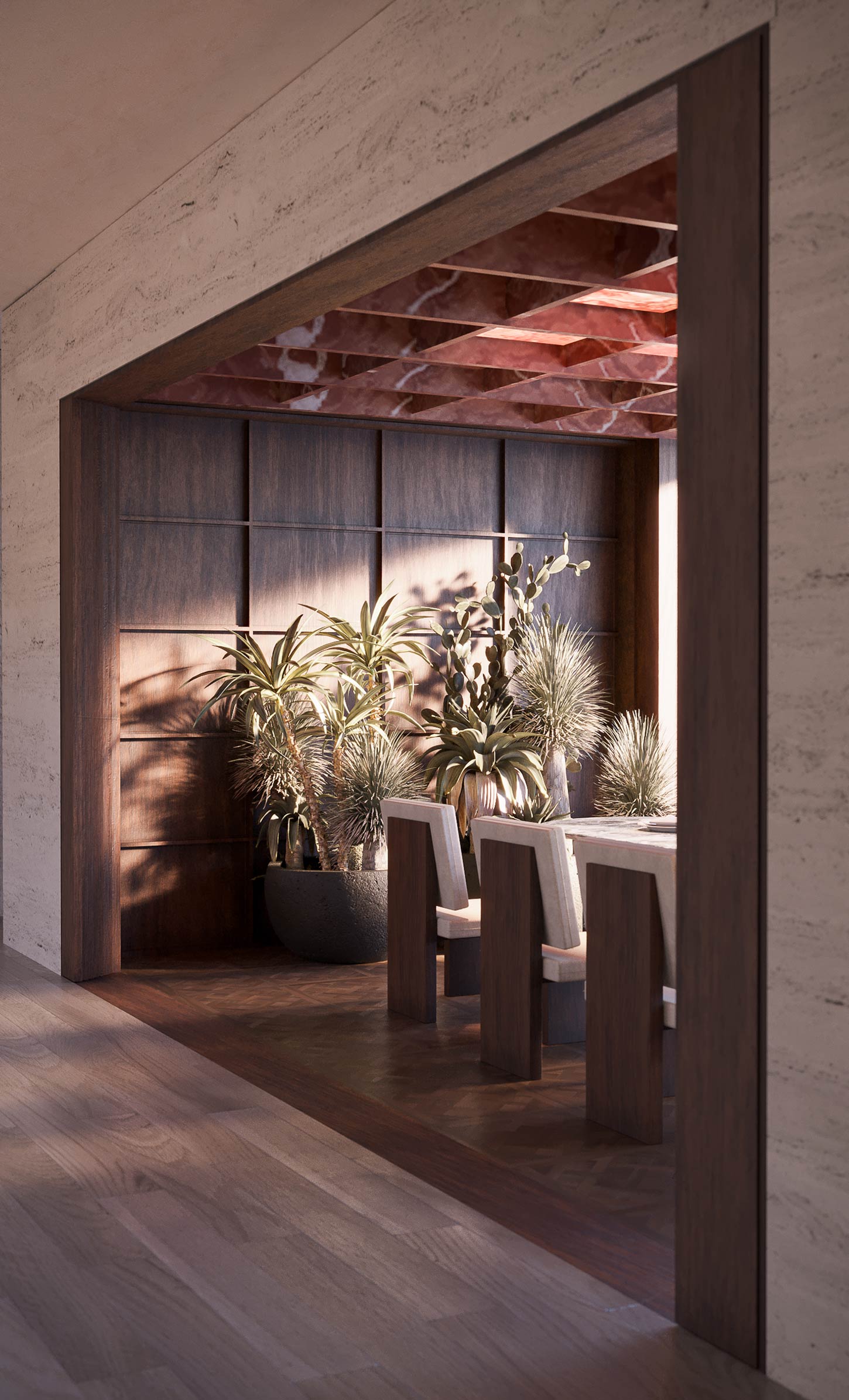 Interior rendering of the dining room at Boulder House