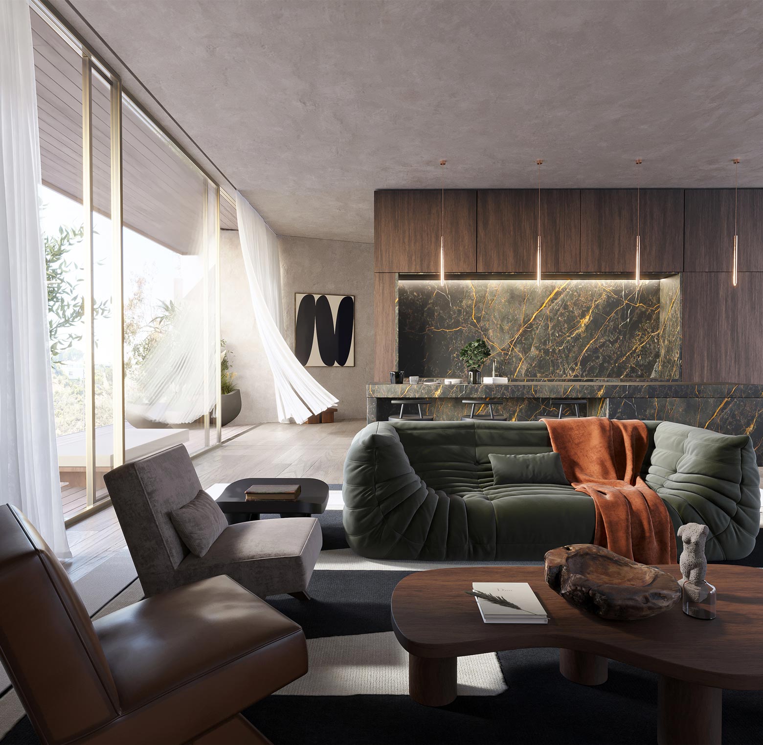 Rendering of the living room at Boulder House