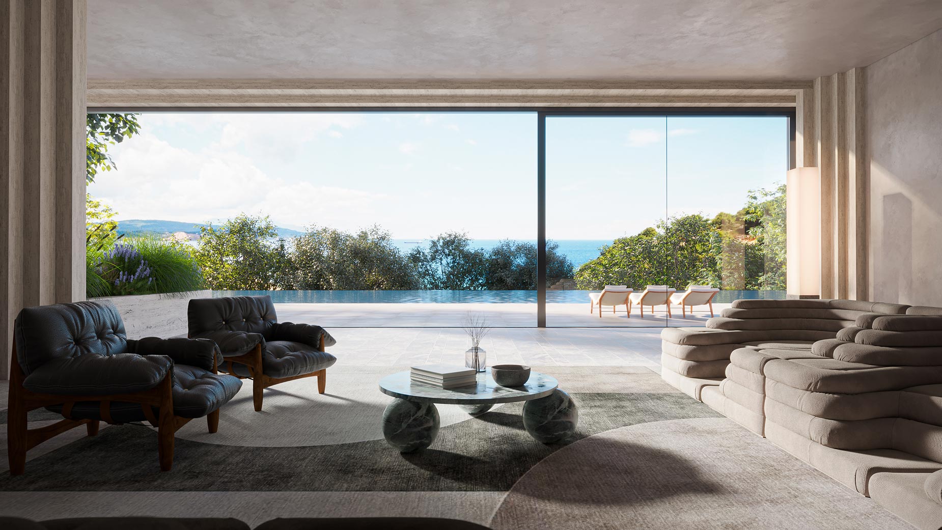 Rendering of the interior of Boulder House overlooking an infinity pool and the ocean