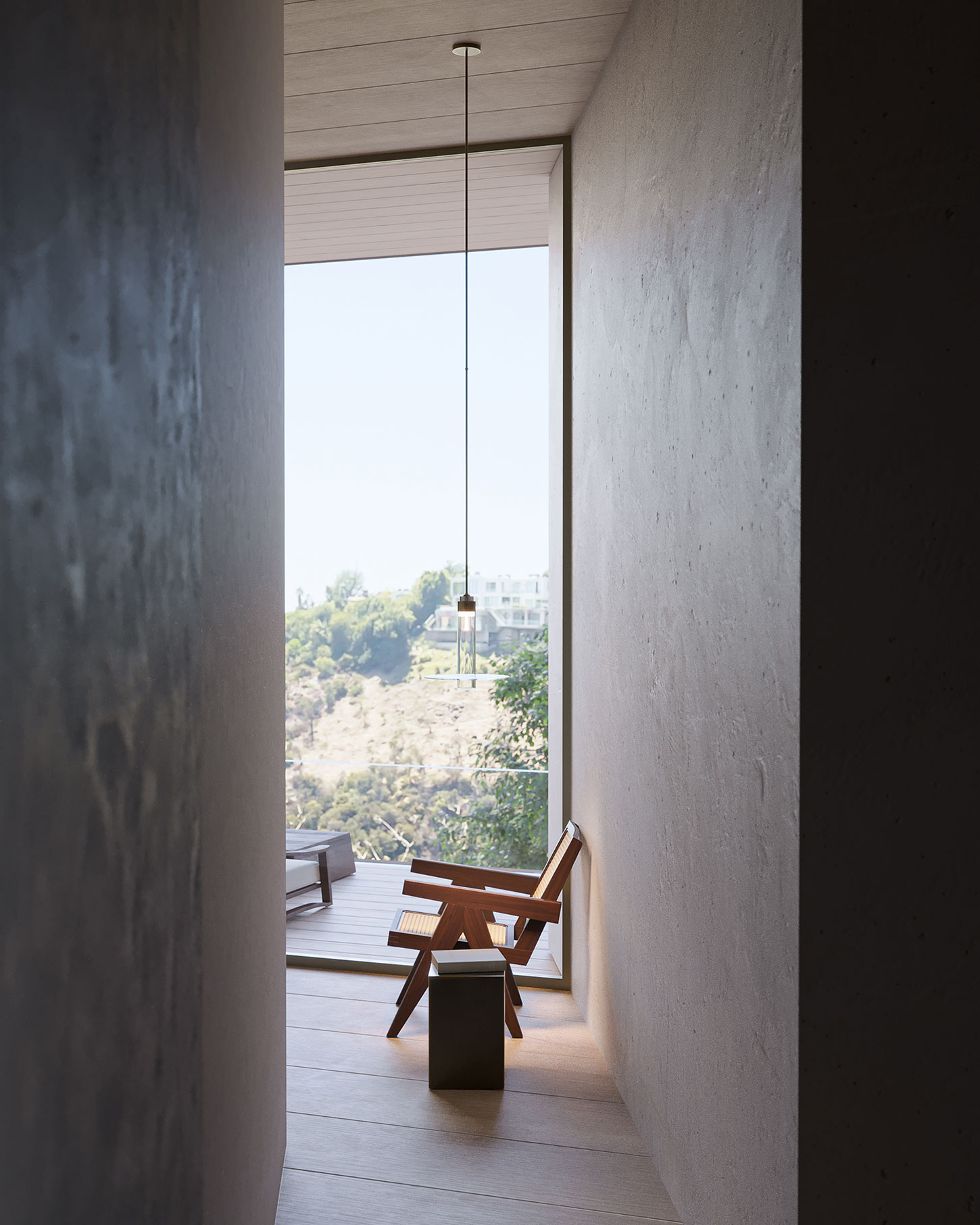 Interior rendering of a hallway overlooking the hillside