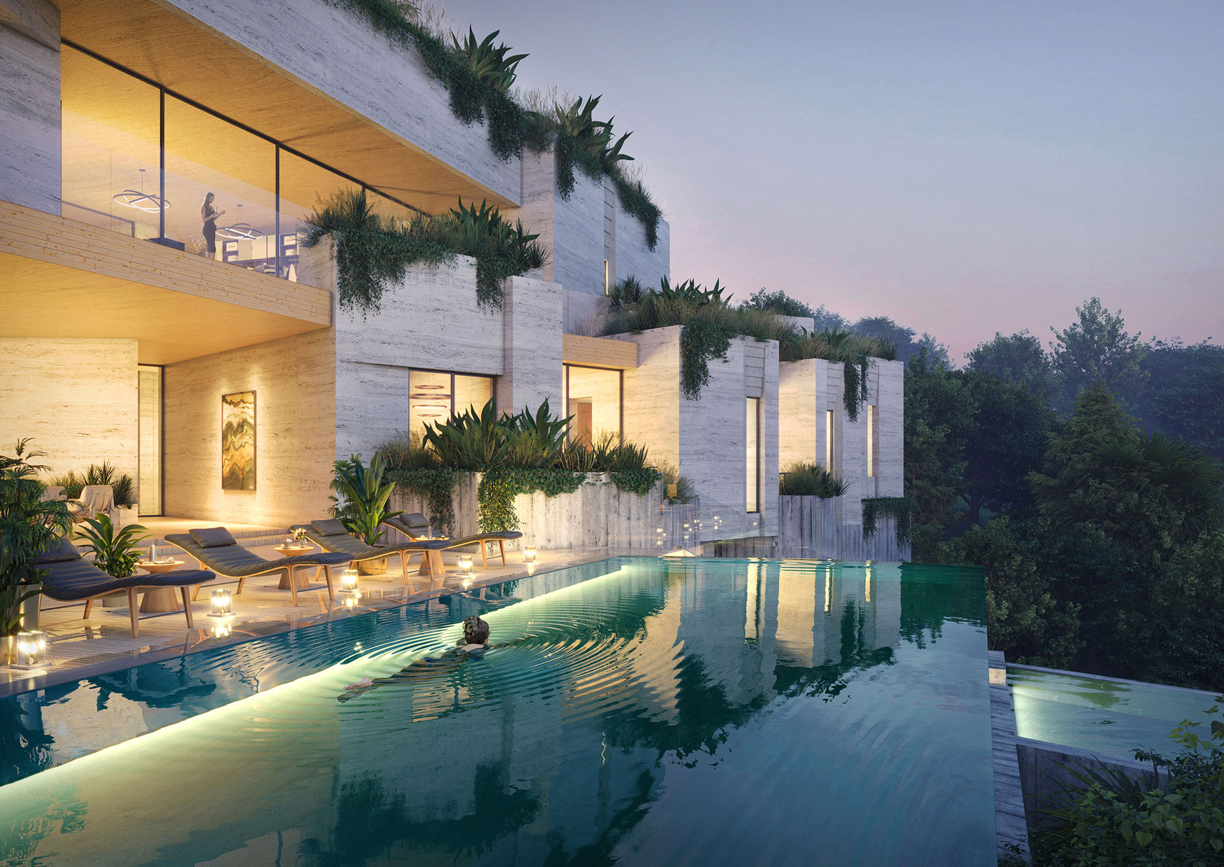 Rendering of exterior of Boulder House with an infinity pool