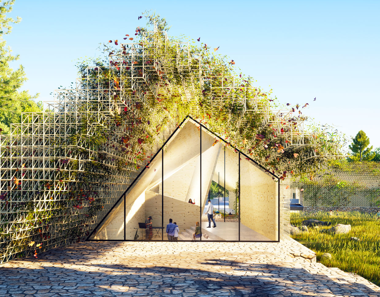 Exterior of multigenerational residence Ghost Ranch with lush trellis on its exterior