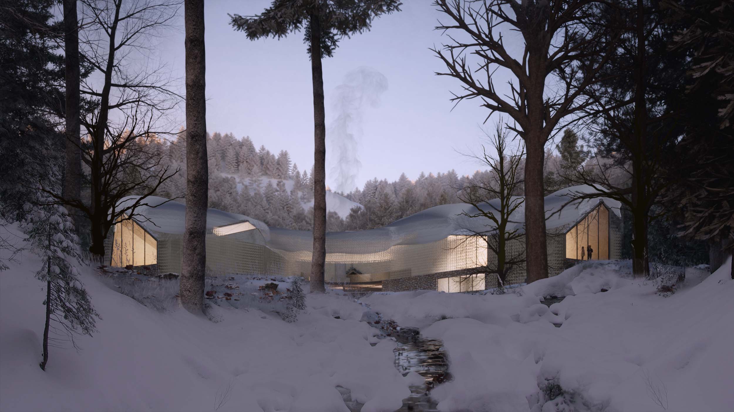 Exterior view of the Ghost Ranch multi-generational residence during winter