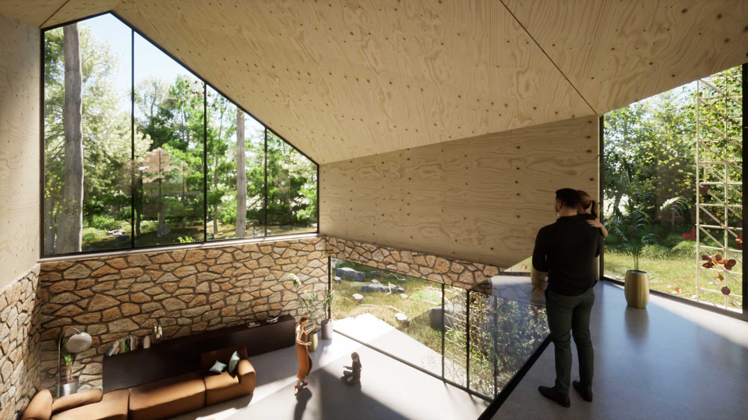 Interior of a residence at Ghost Ranch with wood paneling clerestory windows