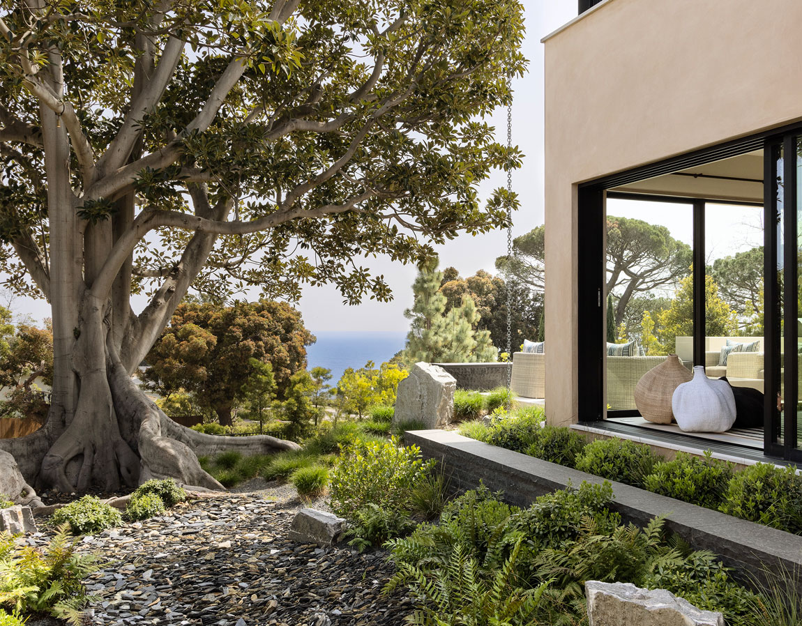 View of a zen-inspired garden and Ficus tree overlooking the ocean
