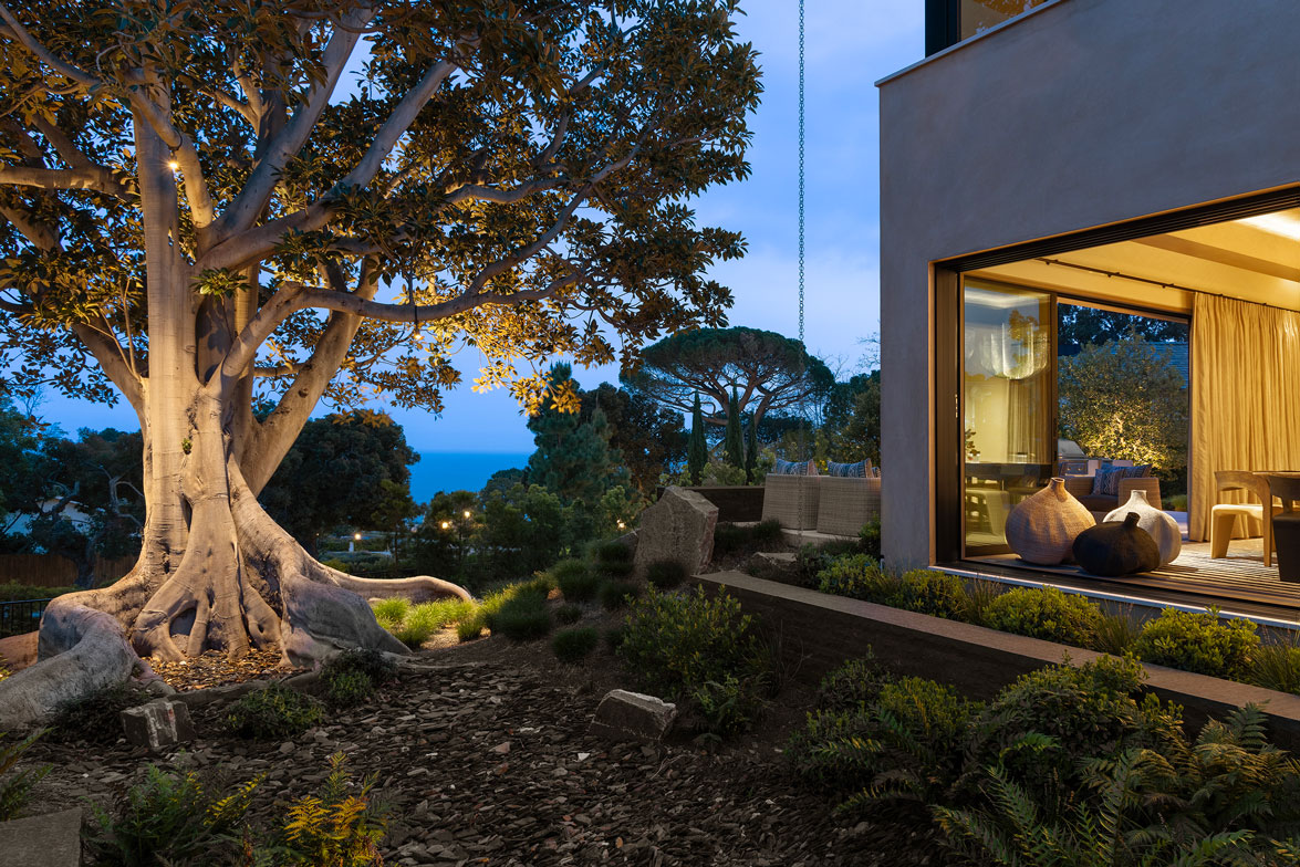 View of stone visual path, Ficus tree, and ocean views at dusk